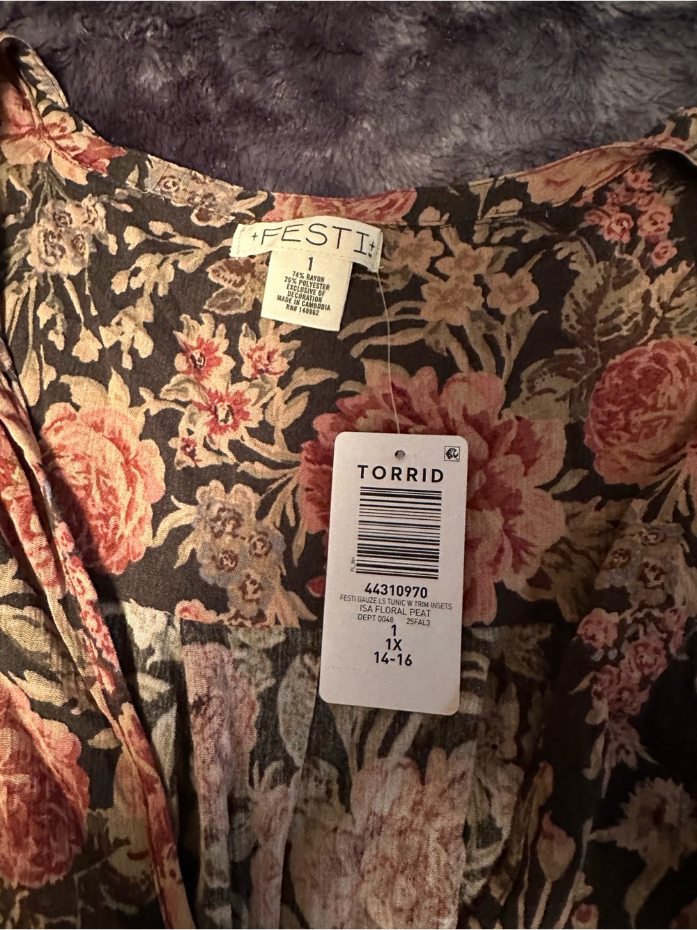 Torrid Floral V-Neck Peasant Blouse - Black with Pink Flowers - Picture 2 of 3